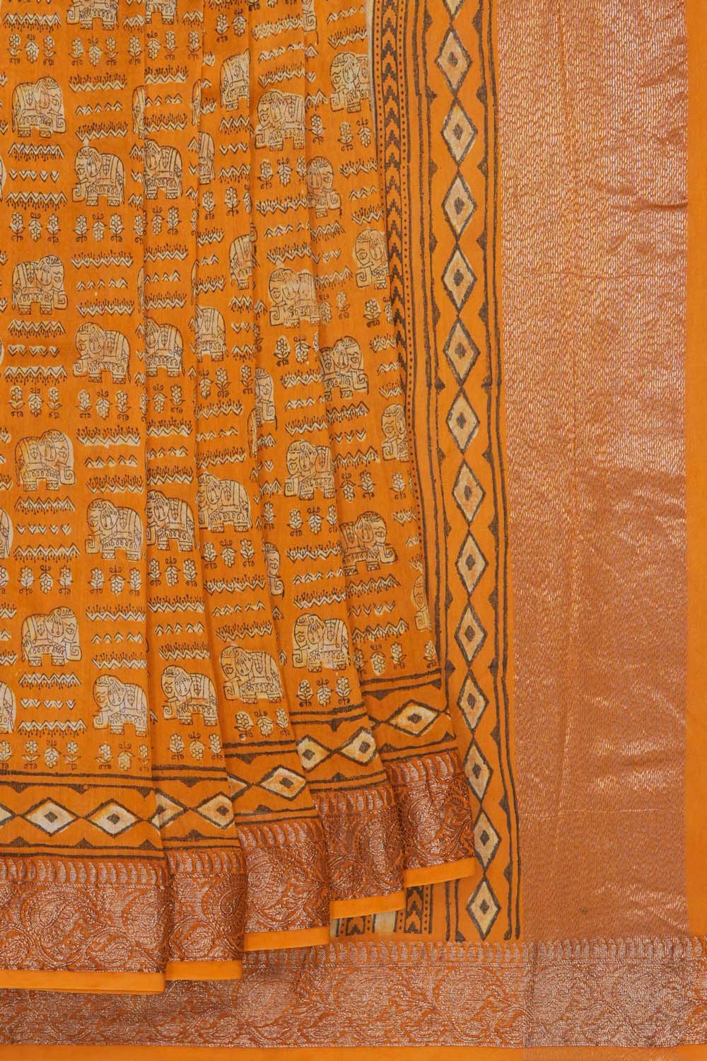 Image of Golden Ochre Elephant Bagru block Printed Chanderi Saree