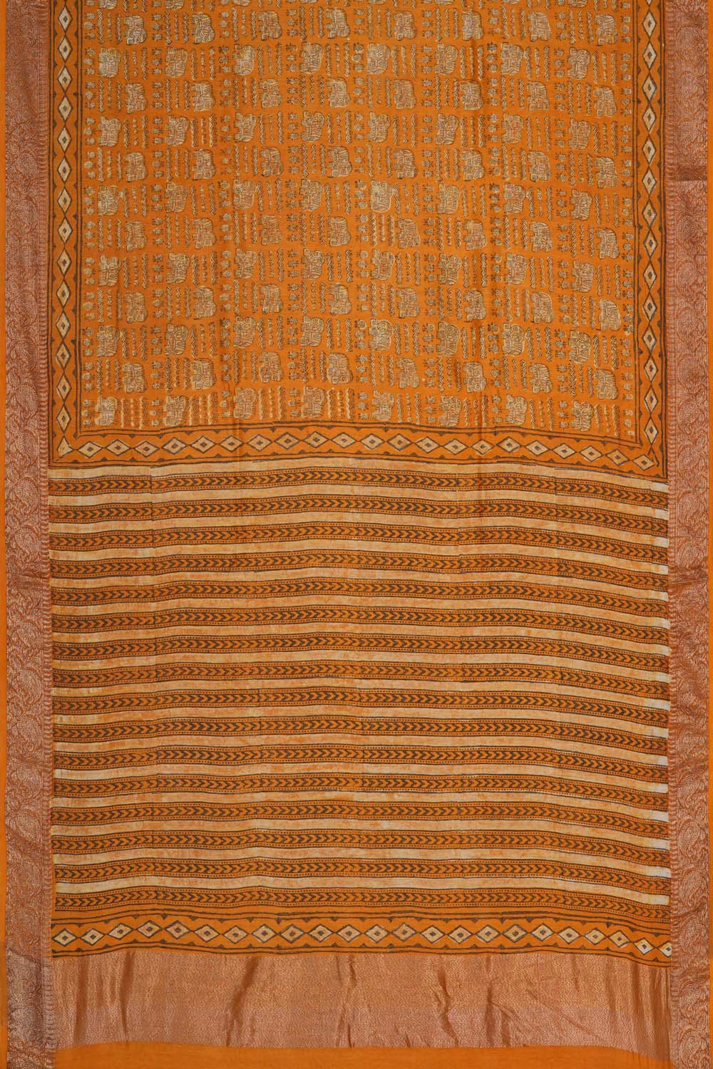 Image of Golden Ochre Elephant Bagru block Printed Chanderi Saree