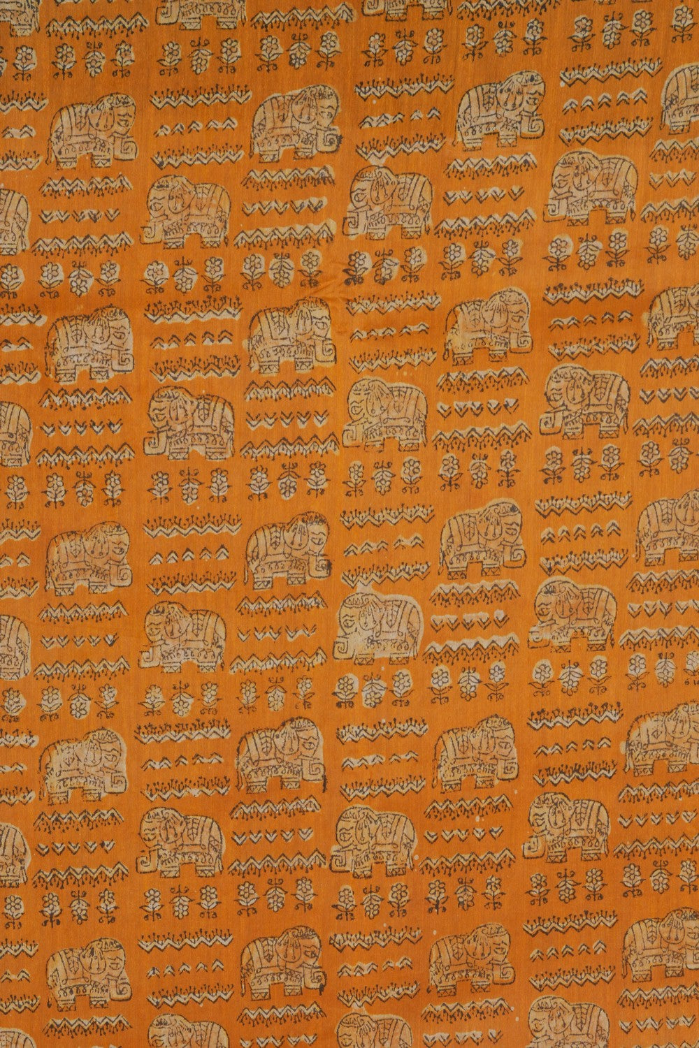 Image of Golden Ochre Elephant Bagru block Printed Chanderi Saree