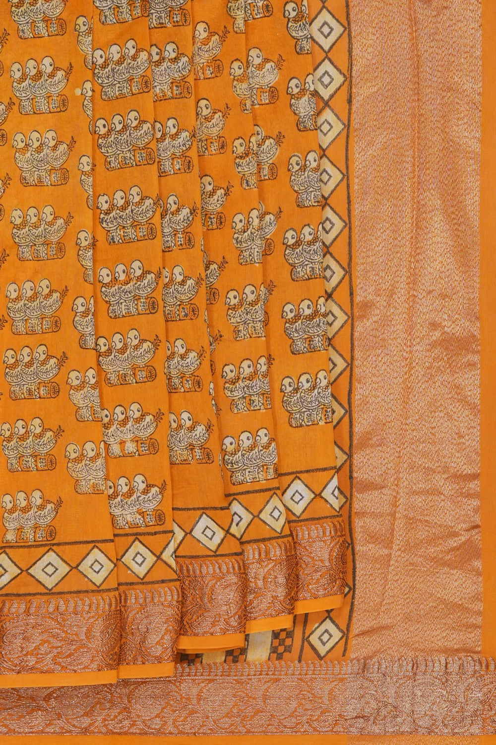 Image of Golden Ochre Three Birds Bagru block Printed Chanderi Saree