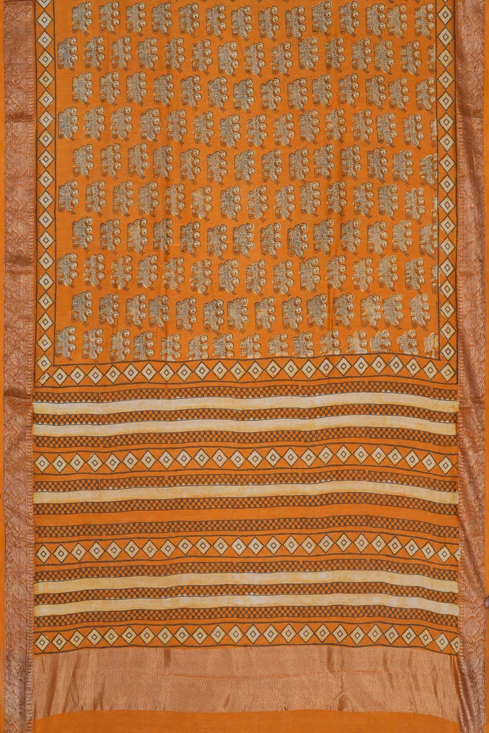 Image of Golden Ochre Three Birds Bagru block Printed Chanderi Saree