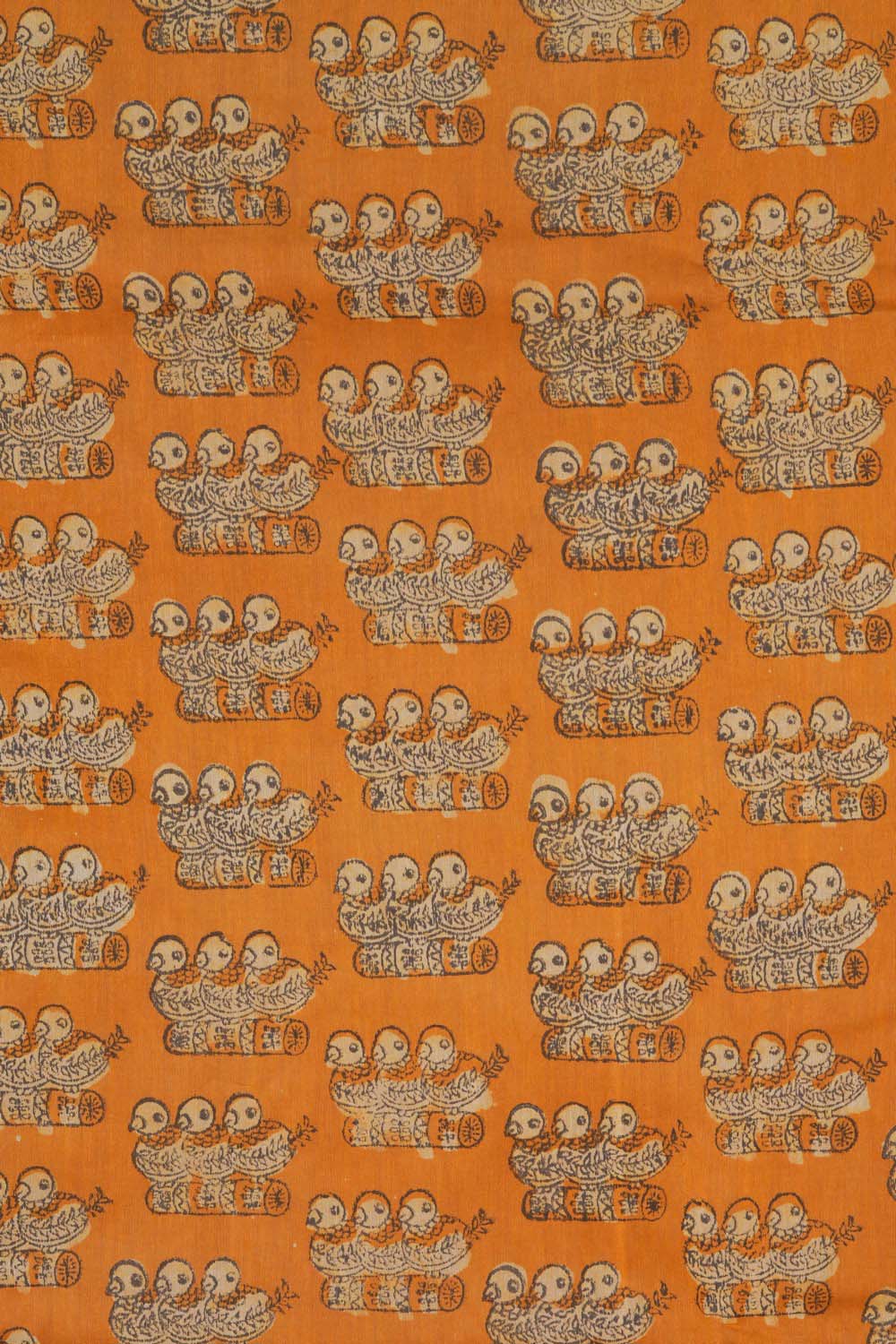 Image of Golden Ochre Three Birds Bagru block Printed Chanderi Saree