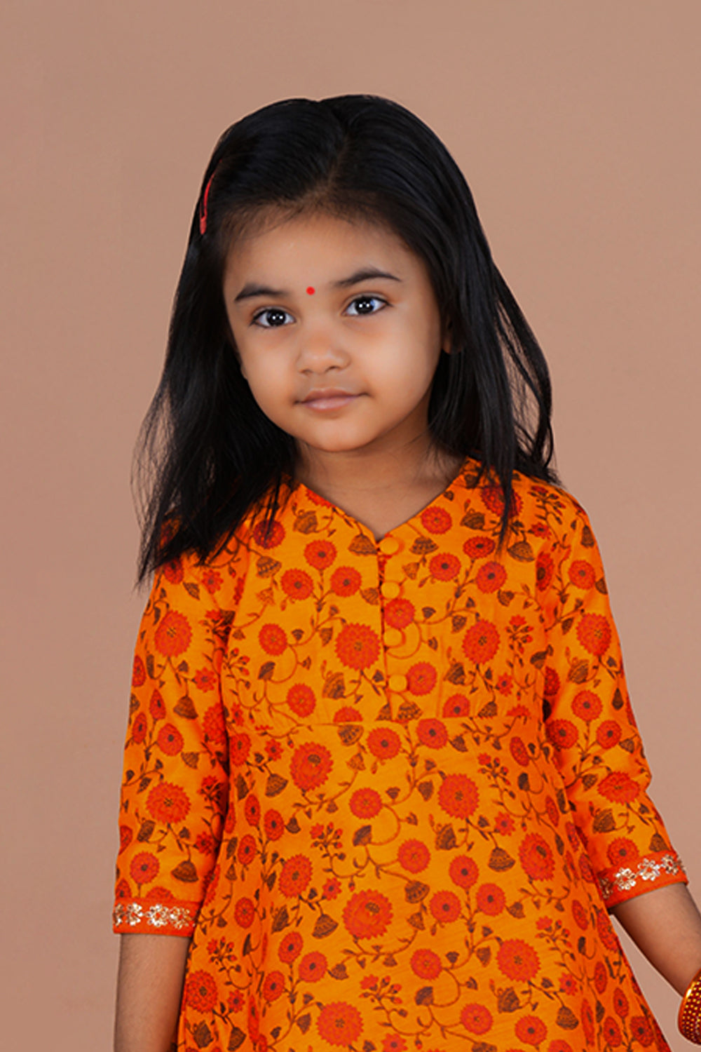Image of Fruity orange floral printed Chanderi girls Gharara and Kurti set .