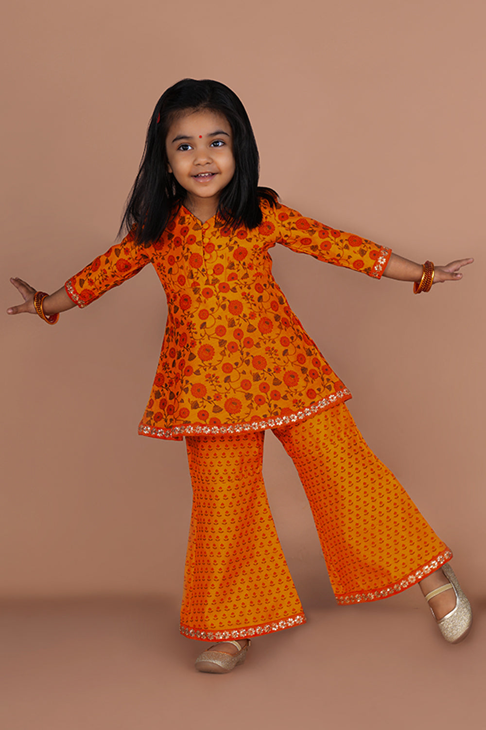 Image of Fruity orange floral printed Chanderi girls Gharara and Kurti set .