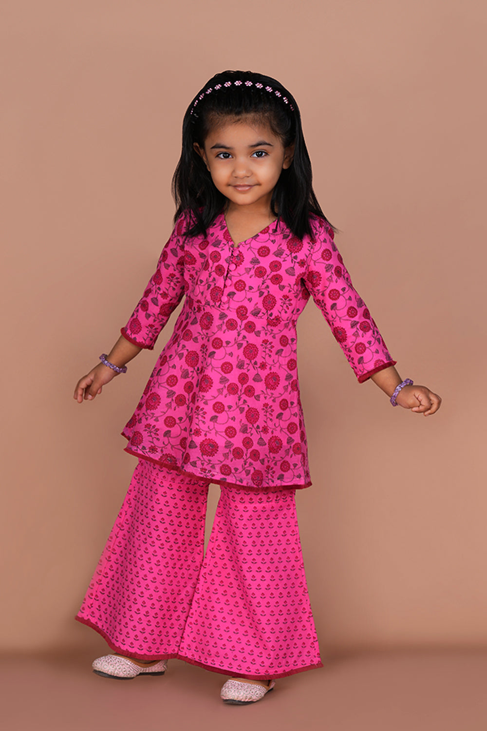 Bright pink Girls Gharara and Kurti set