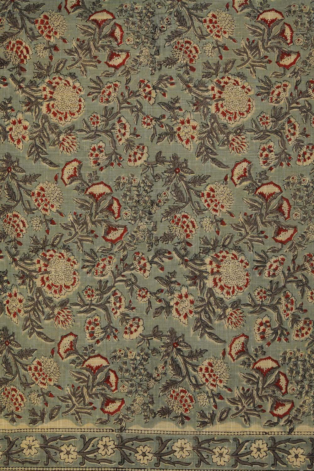 Ash green block printed south cotton saree