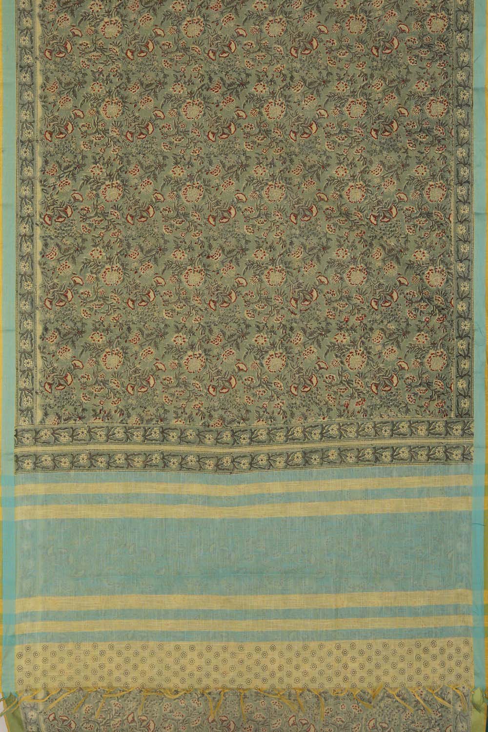 Ash green block printed south cotton saree