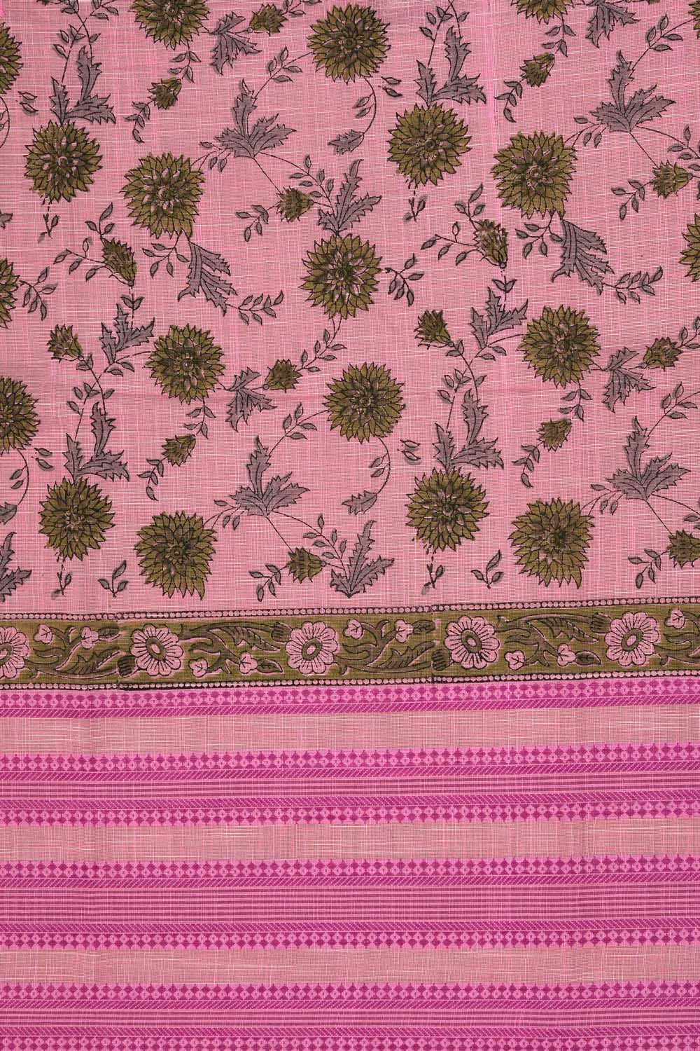 Image of Pink Floral Block Printed South Cotton Saree
