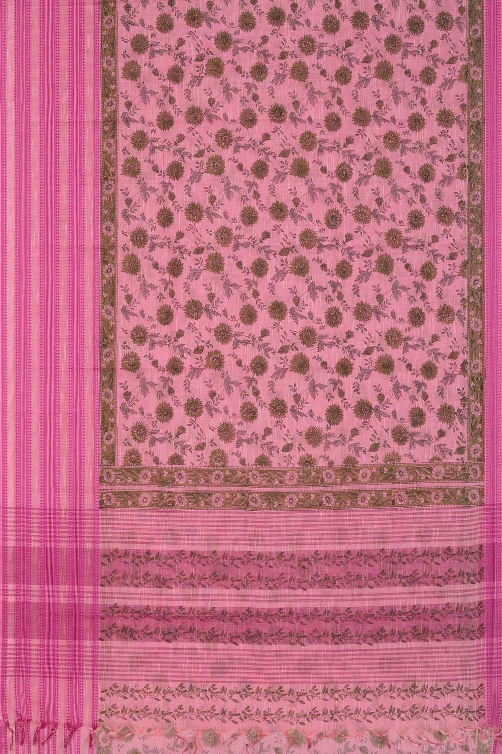 Image of Pink Floral Block Printed South Cotton Saree