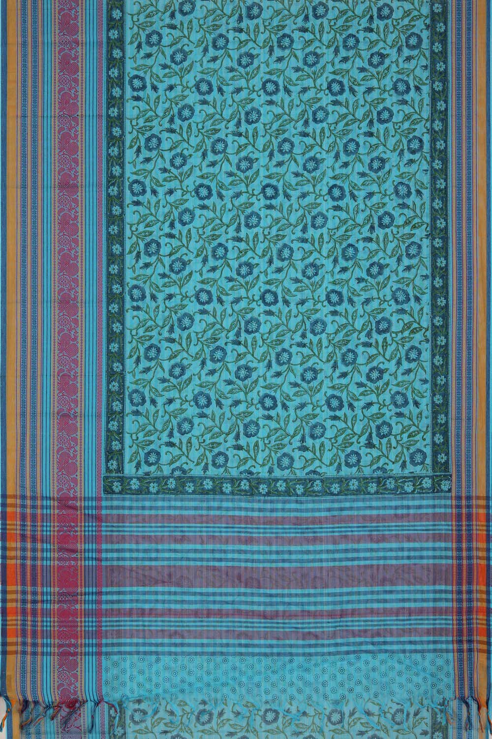 Image of Sky Blue Block Printed South Cotton Saree