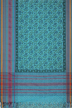 Image of Sky blue block printed south cotton saree
