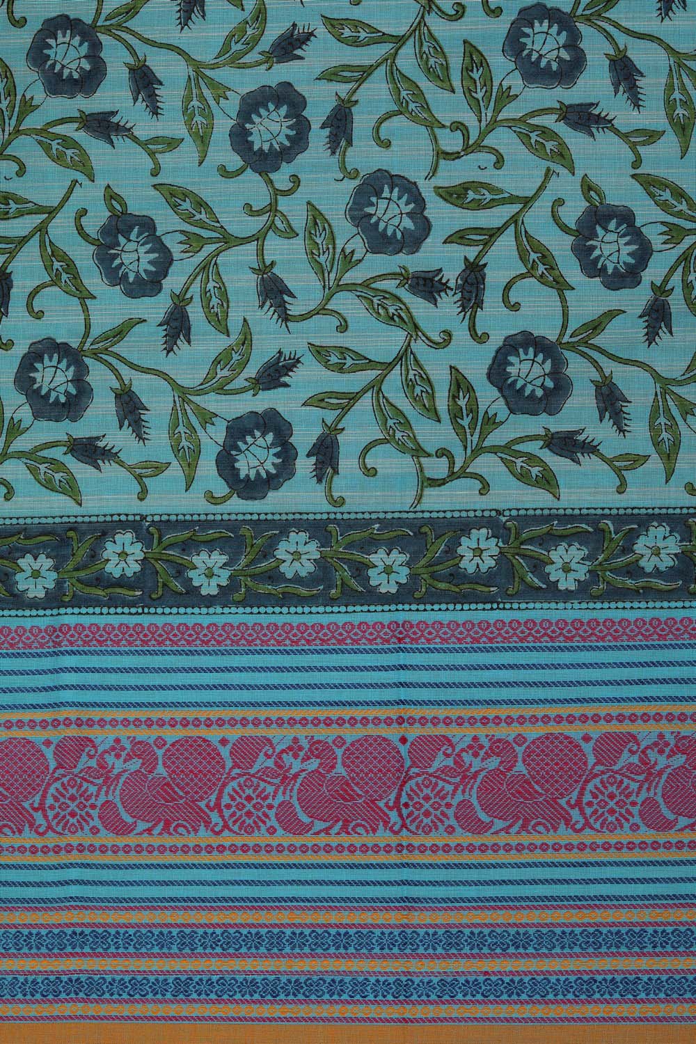 Image of Sky Blue Block Printed South Cotton Saree