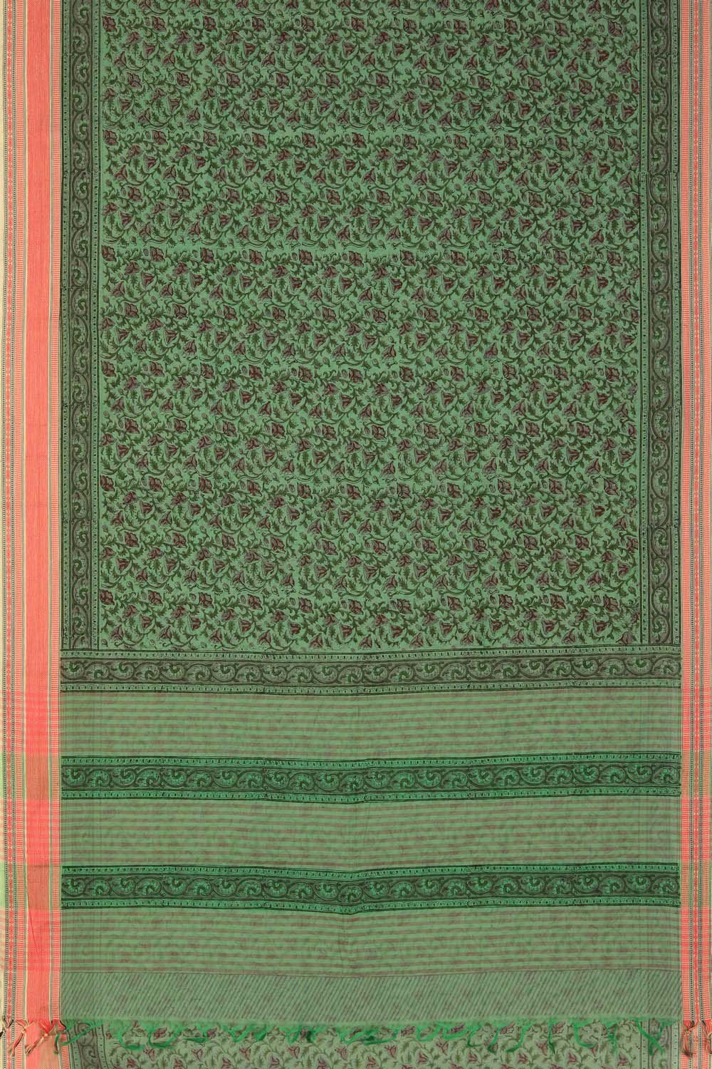 Green block printed south cotton saree