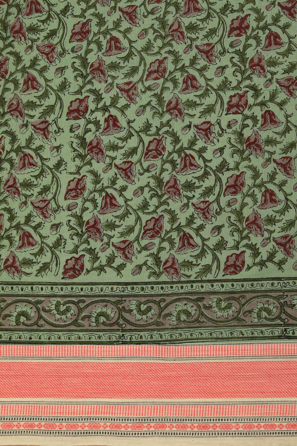 Green block printed south cotton saree