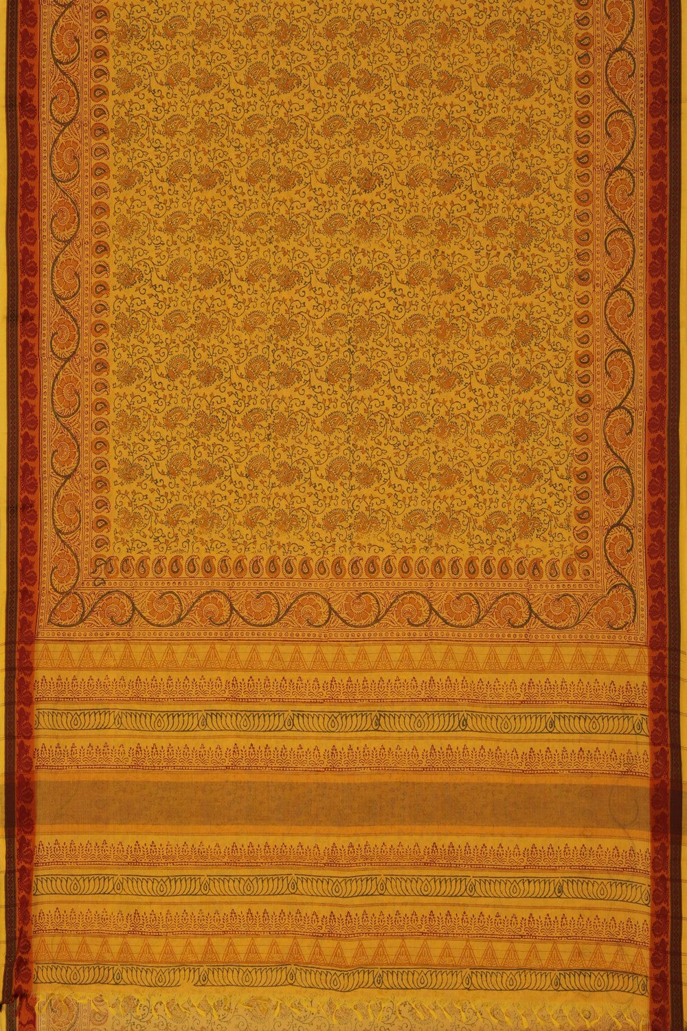 Sunrise yellow hand block printed cotton saree.
