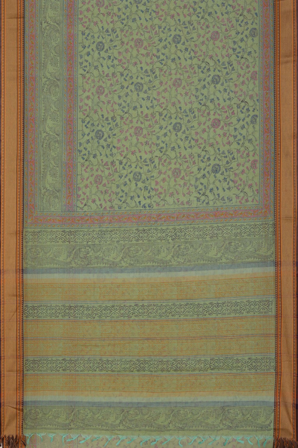 Mint green hand block printed south cotton saree.