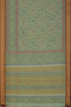 Image of Mint green hand block printed south cotton saree.