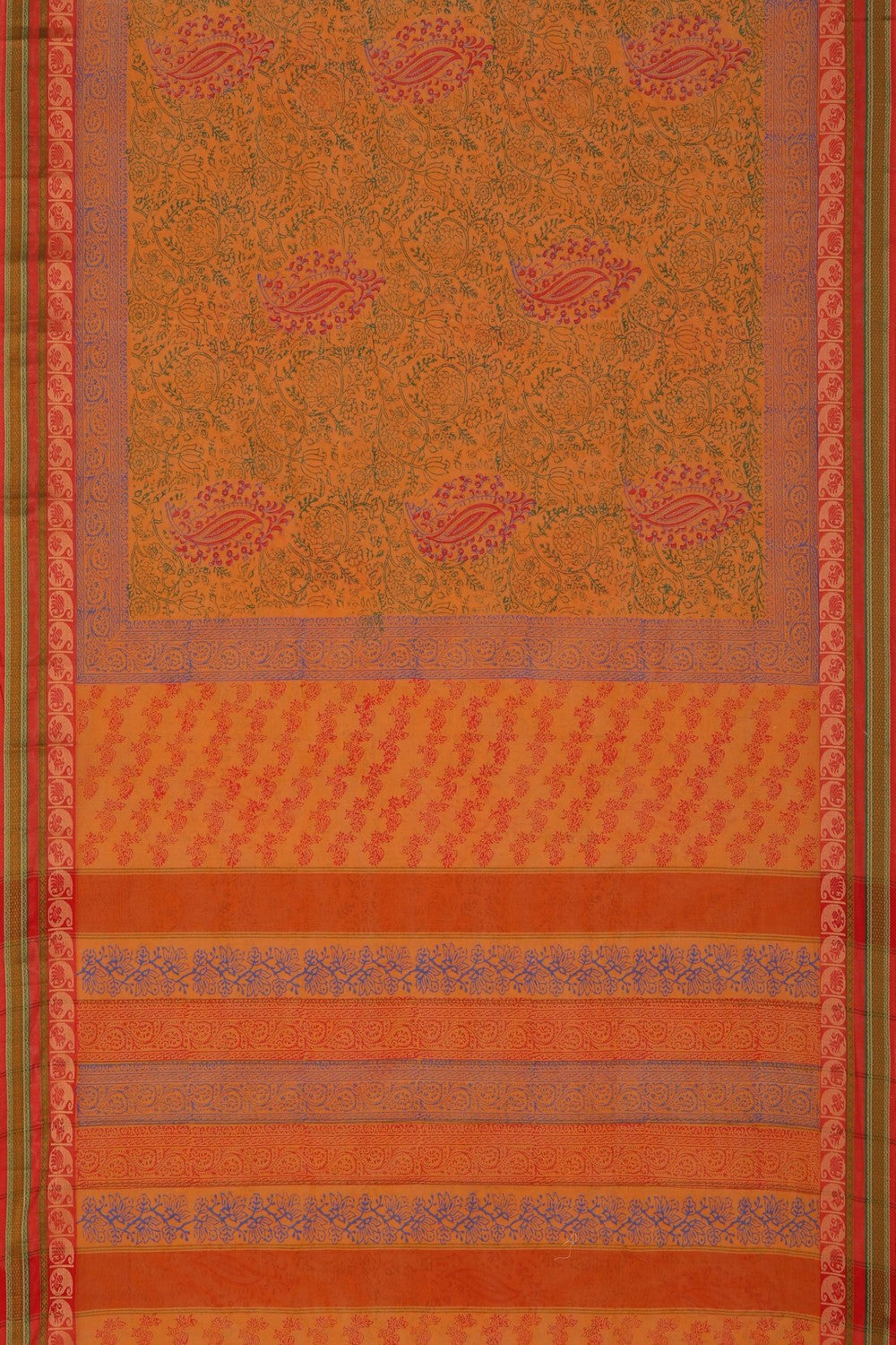 Mustard yellow hand block printed south cotton saree.