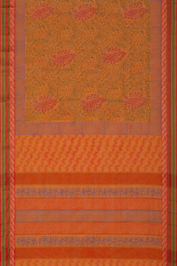 Image of Mustard yellow hand block printed south cotton saree.