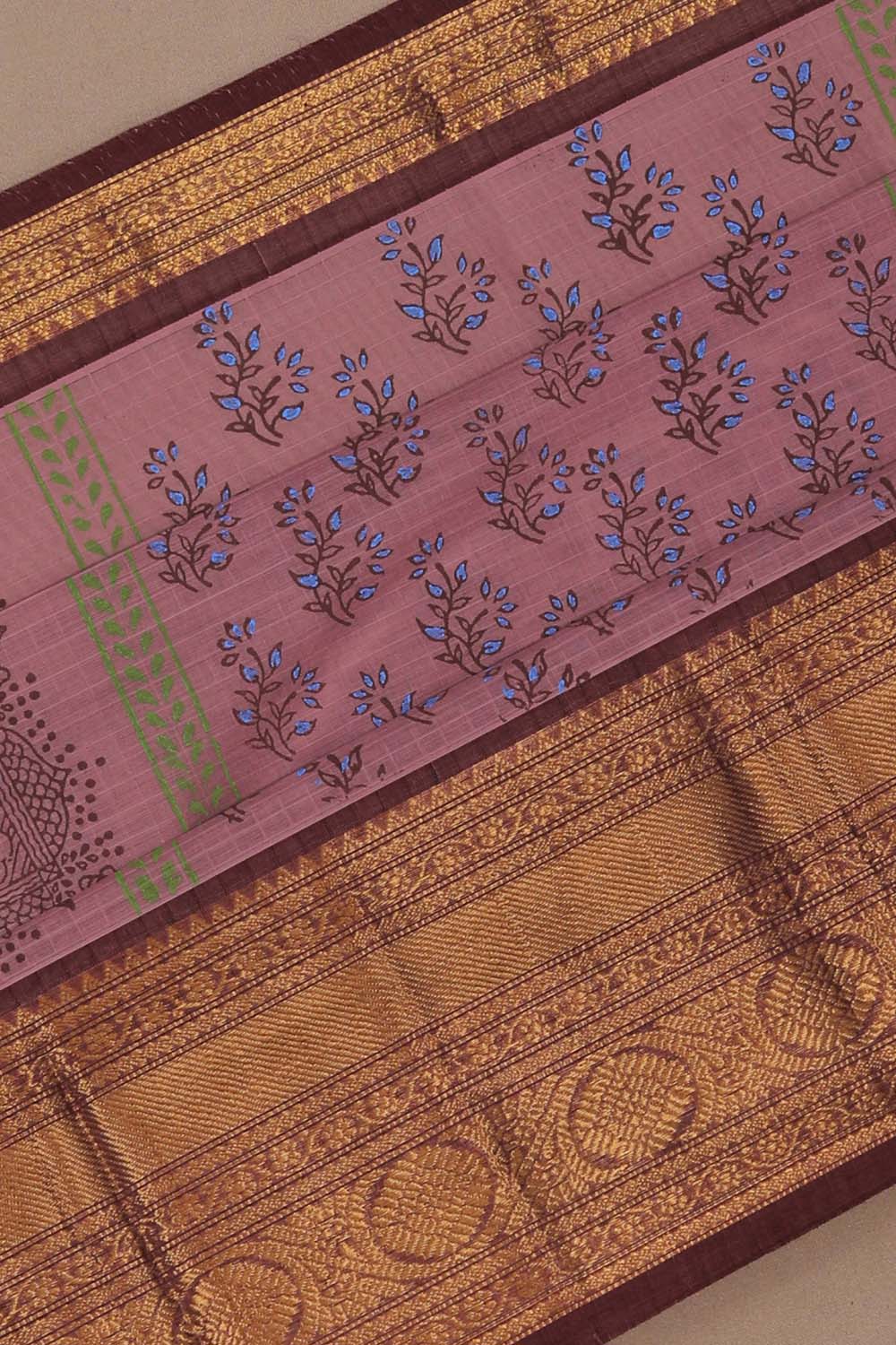 Image of Dusty Lilac Hand Block Printed Cotton Saree