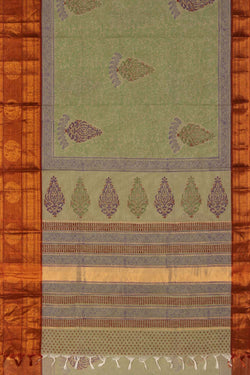 Image of Sage green hand block printed south cotton saree