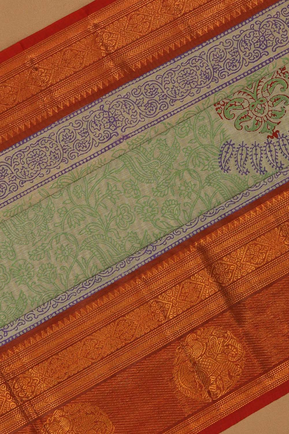 Sage green hand block printed south cotton saree