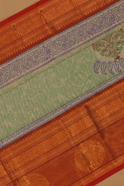 Image of Sage green hand block printed south cotton saree