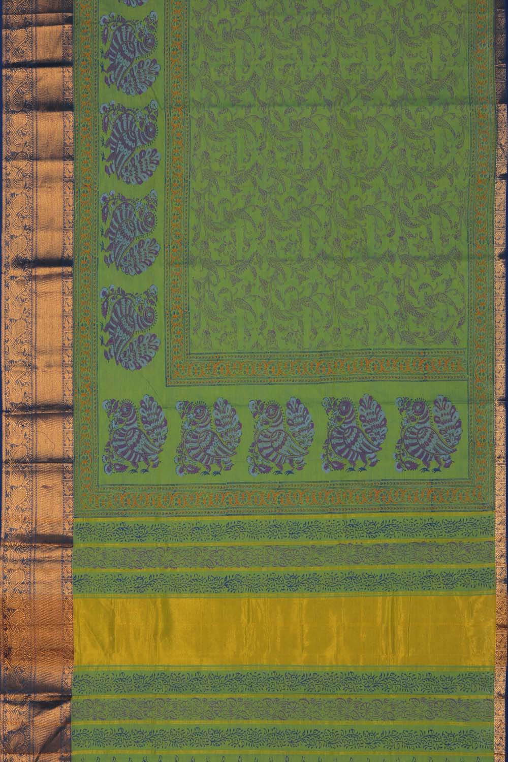 Green peacock hand block printed cotton saree.