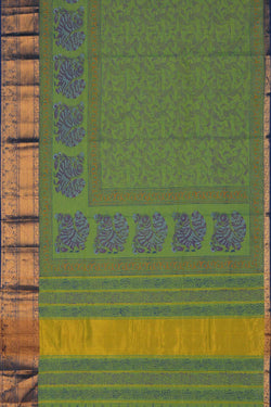 Image of Green peacock hand block printed cotton saree.
