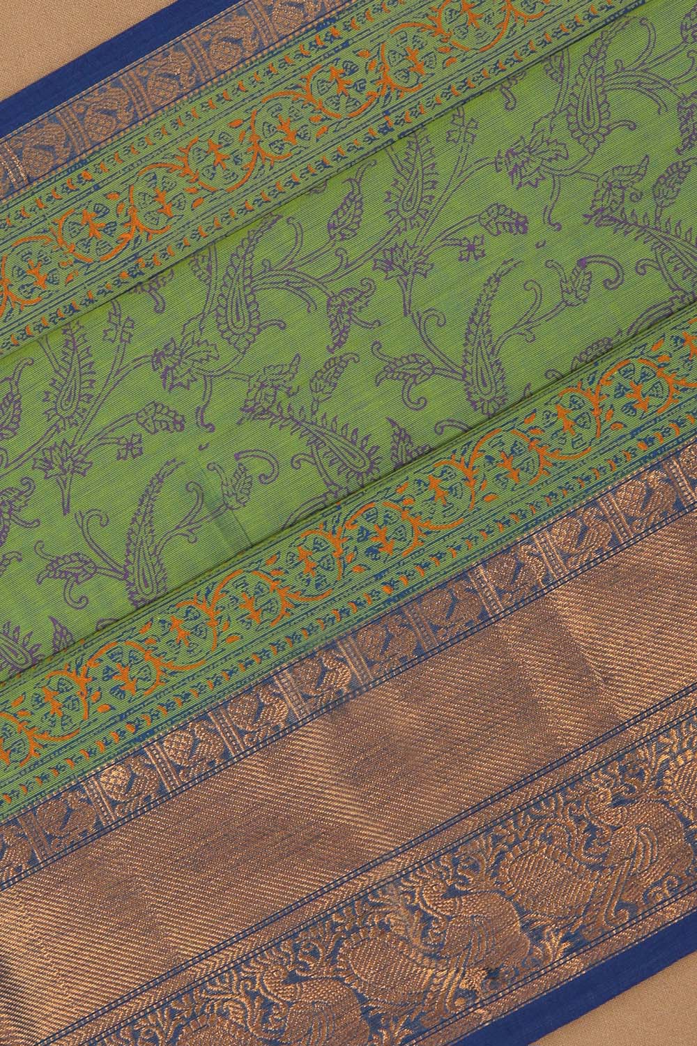 Green peacock hand block printed cotton saree.
