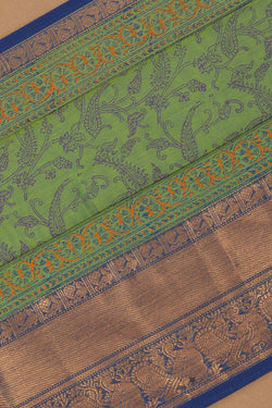 Image of Green peacock hand block printed cotton saree.