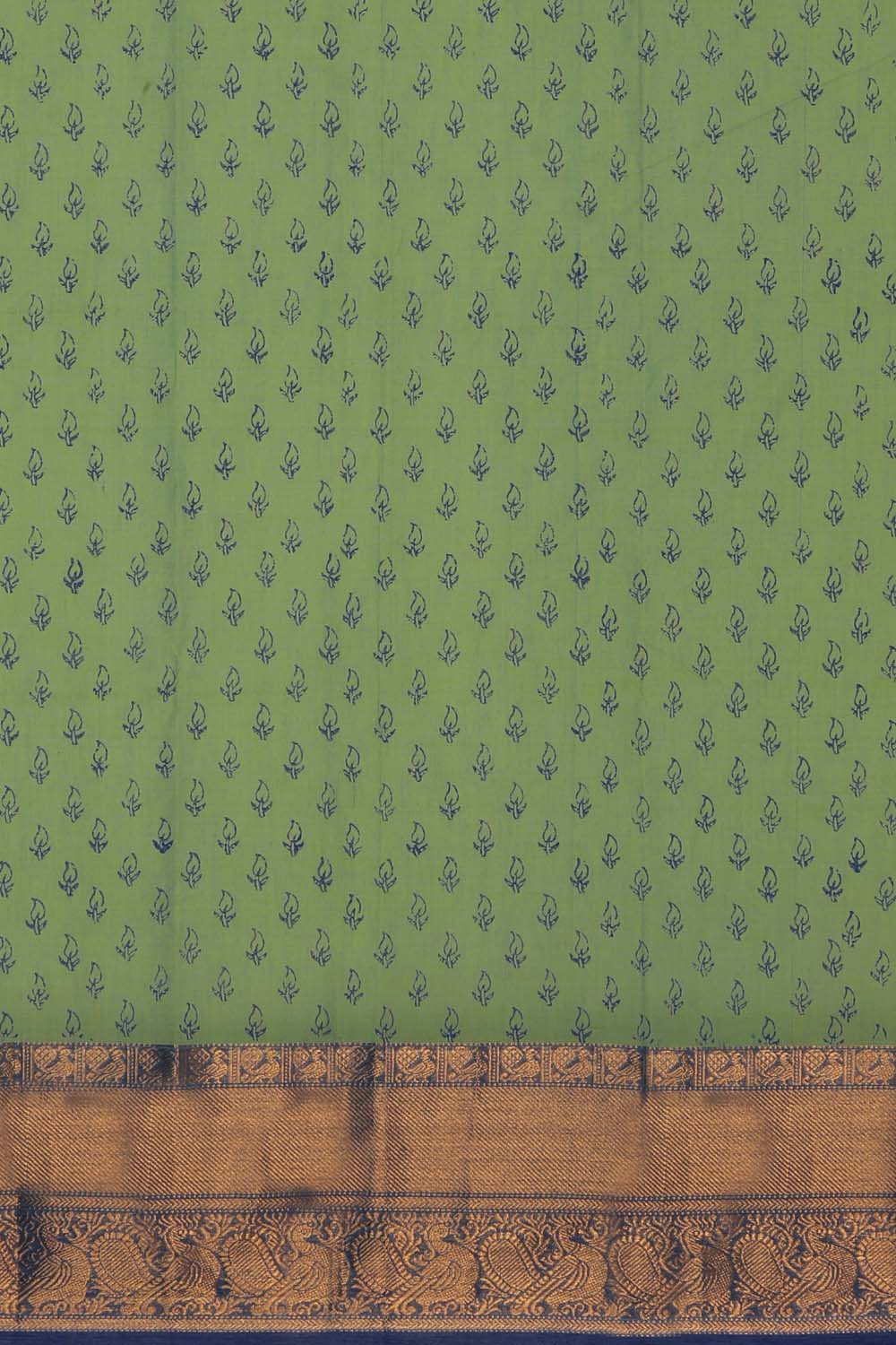 Green peacock hand block printed cotton saree.