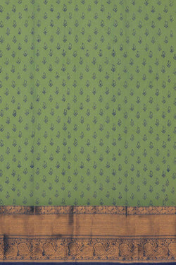 Image of Green peacock hand block printed cotton saree.