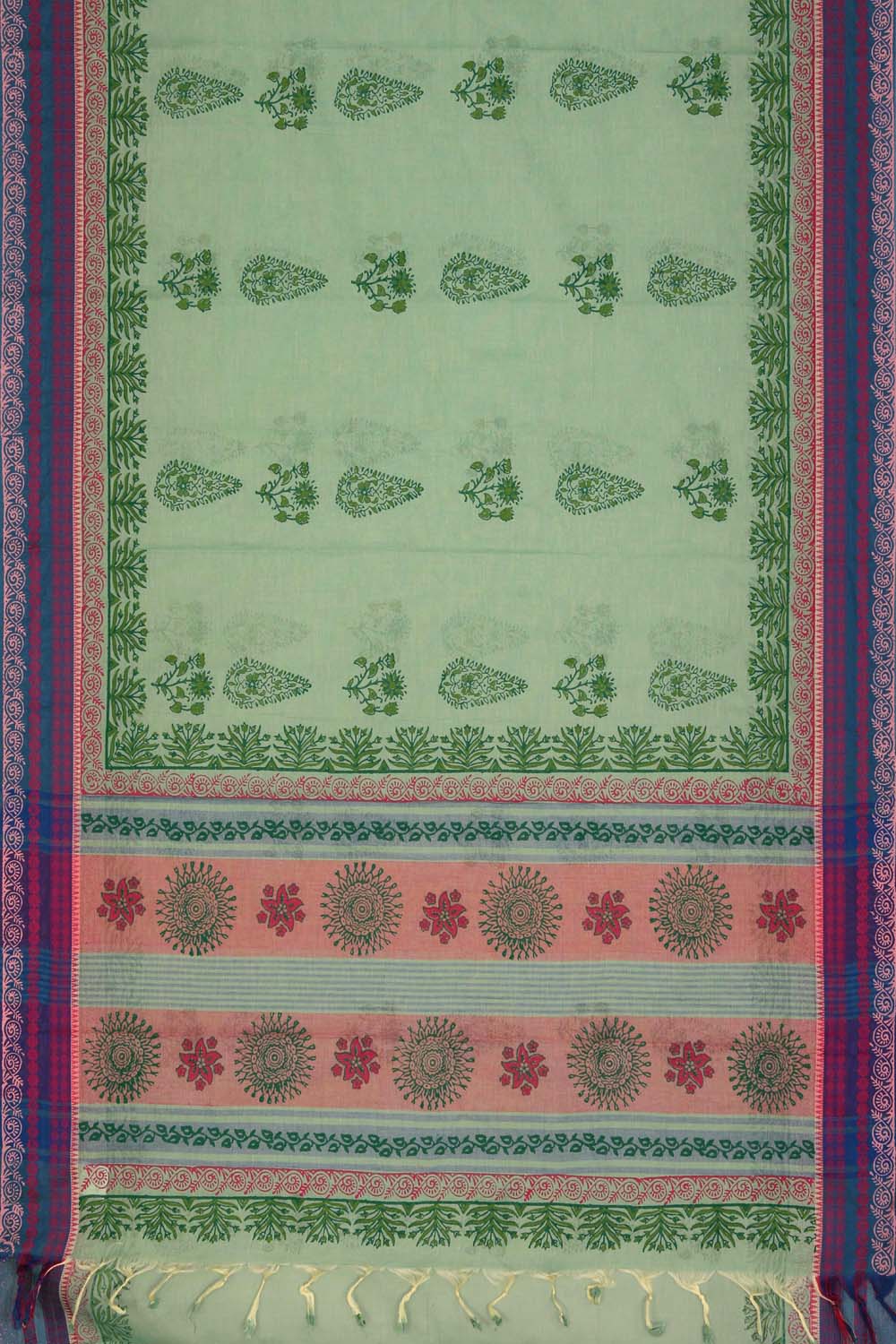 Pista Green hand block printed cotton saree.