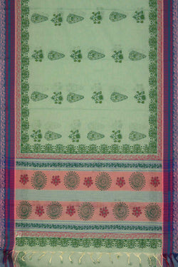 Image of Pista Green hand block printed cotton saree.