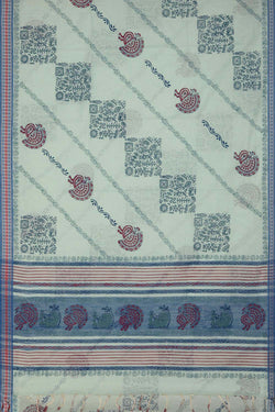 Image of Mint green block printed south cotton saree