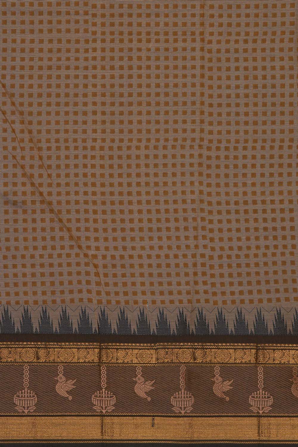 Image of Beige with marigold buti block printed cotton saree