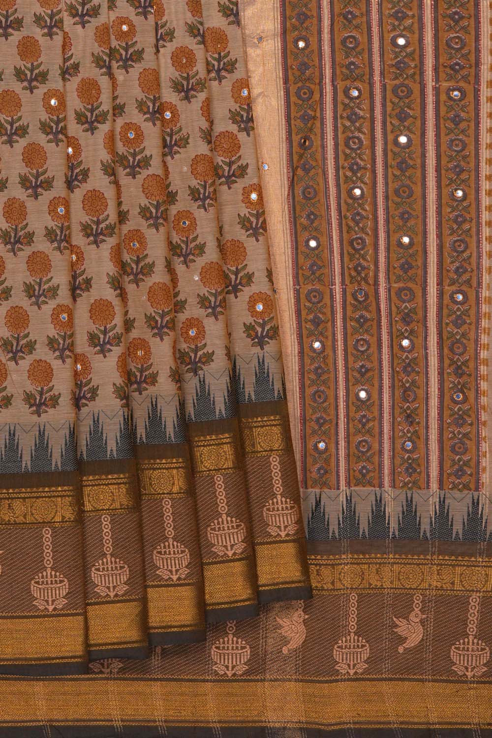 Image of Beige with marigold buti block printed cotton saree