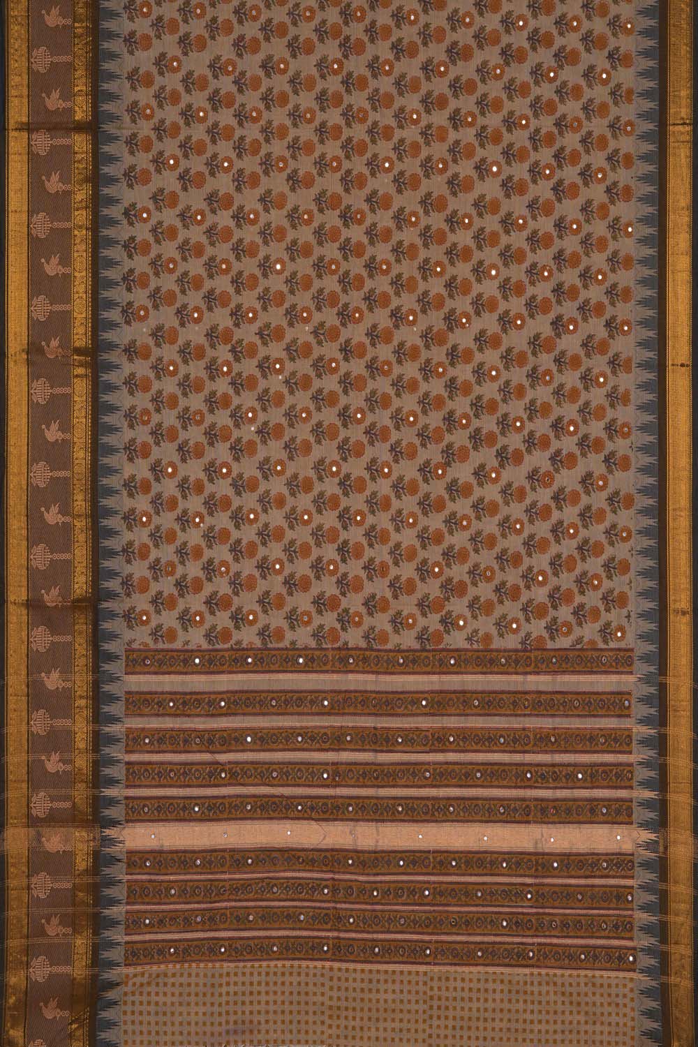 Image of Beige with marigold buti block printed cotton saree