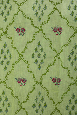 Image of Lemon Green hand block printed south cotton saree.