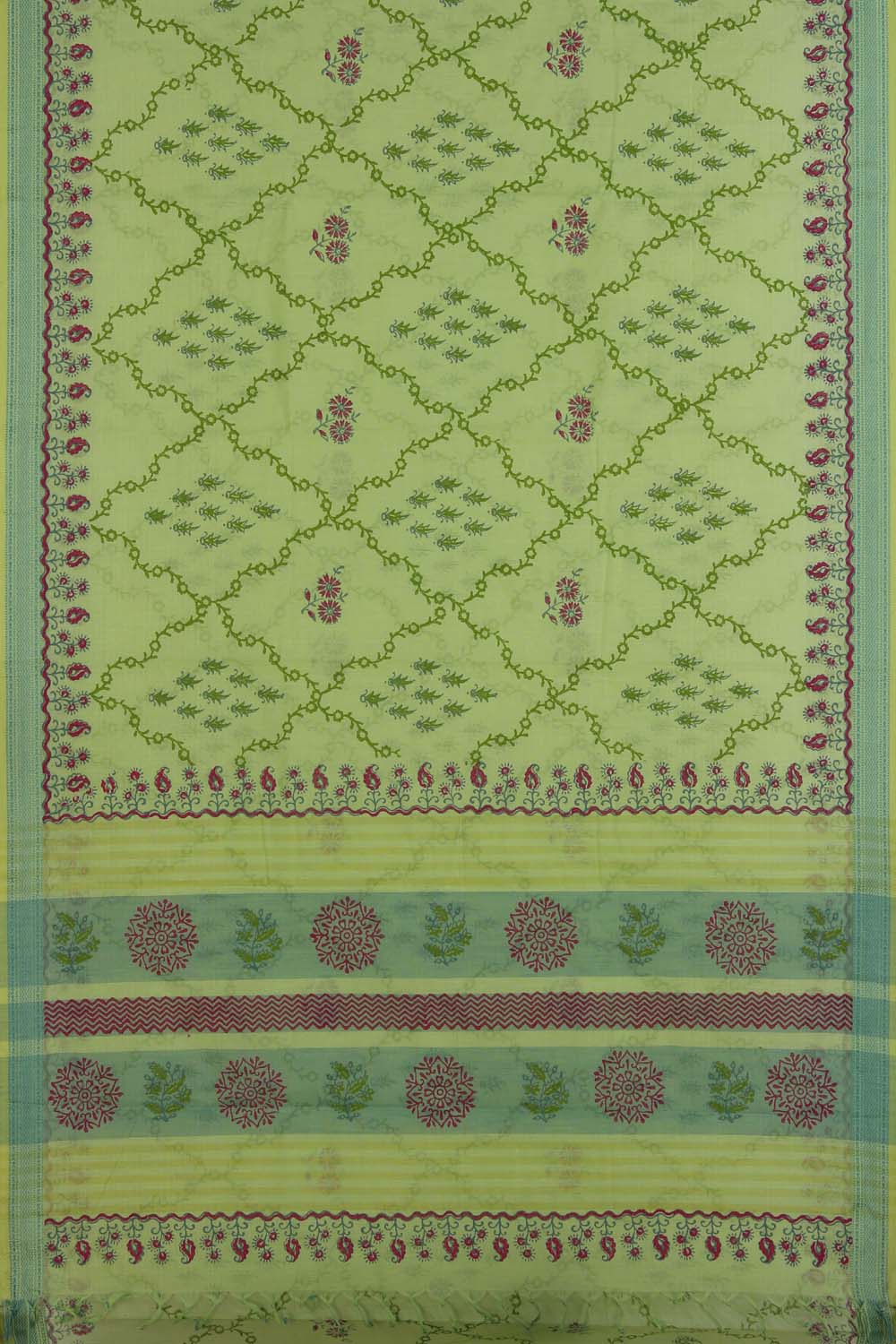 Lemon Green hand block printed south cotton saree.