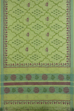 Image of Lemon Green hand block printed south cotton saree.