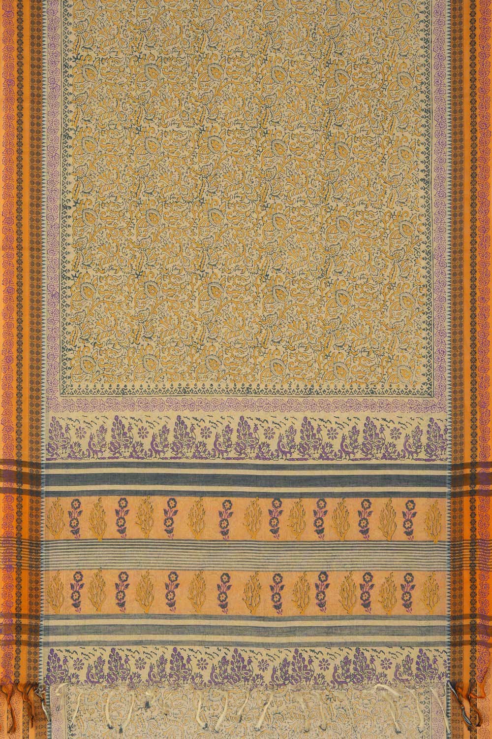 Image of Sandalwood Yellow Block Printed South Cotton Saree