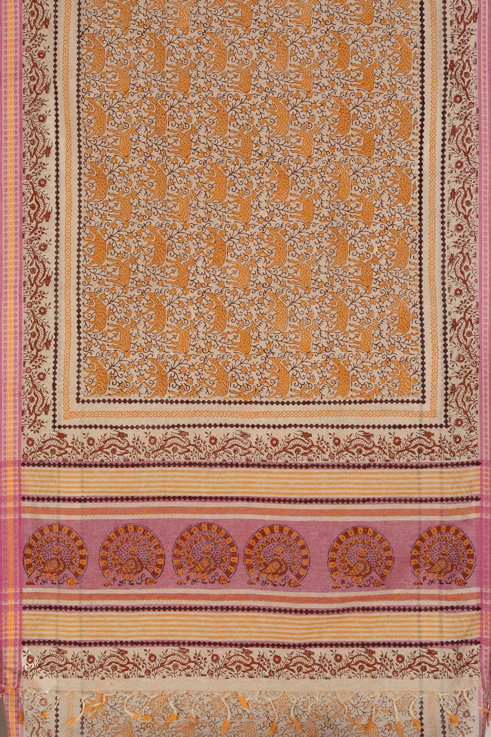 Off White hand block printed south cotton saree.