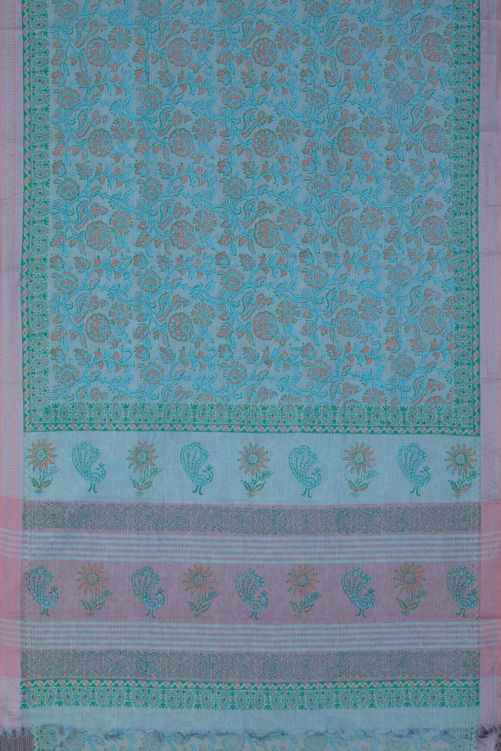 Image of Pastel Blue Block Printed South Cotton Saree