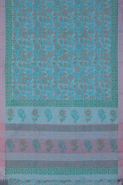 Image of Pastel blue block printed south cotton saree