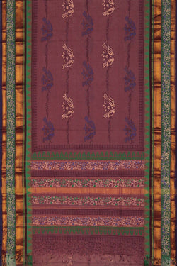 Image of Dusty purple hand block printed south cotton saree.