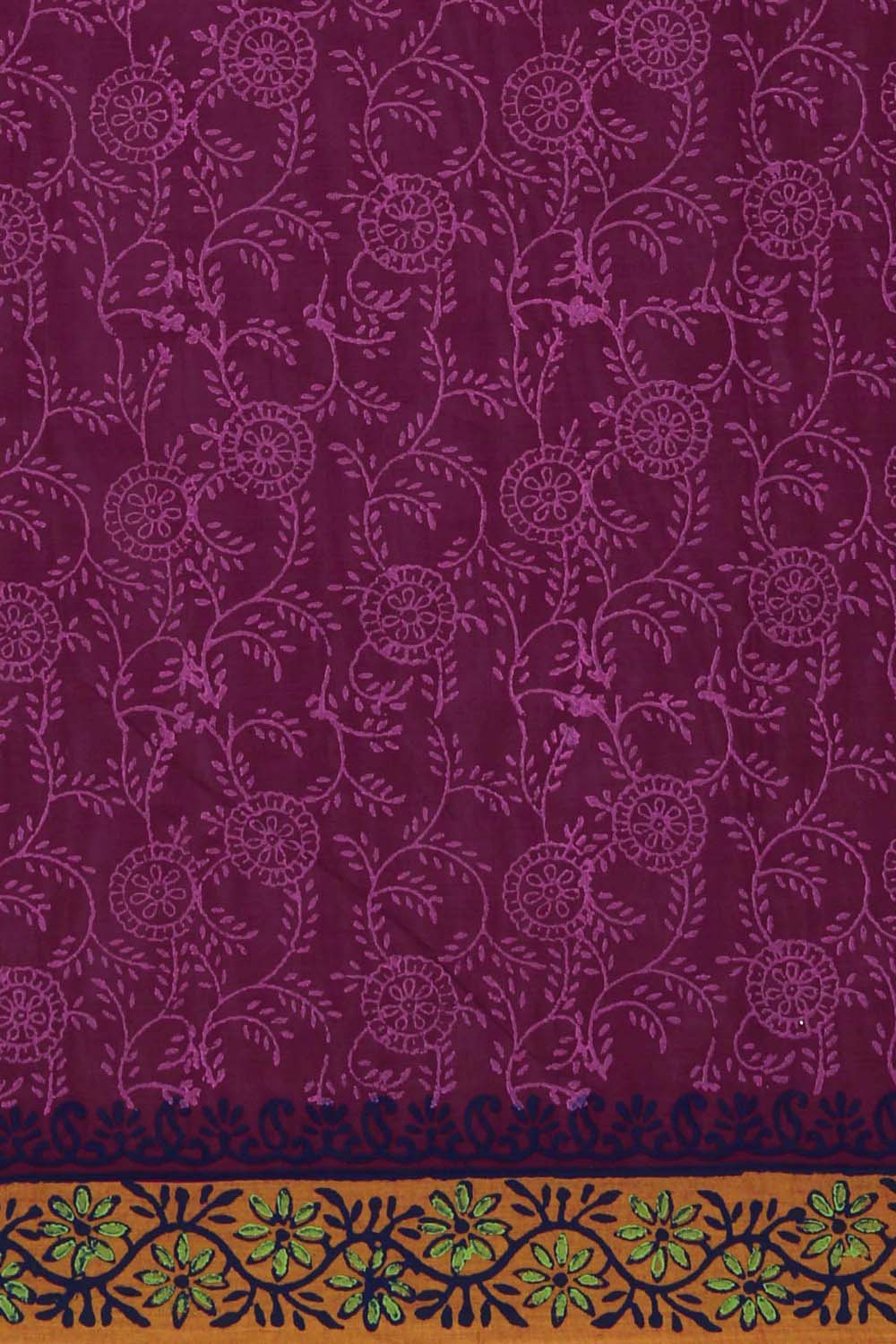 Image of Dark pink floral hand block printed south cotton saree