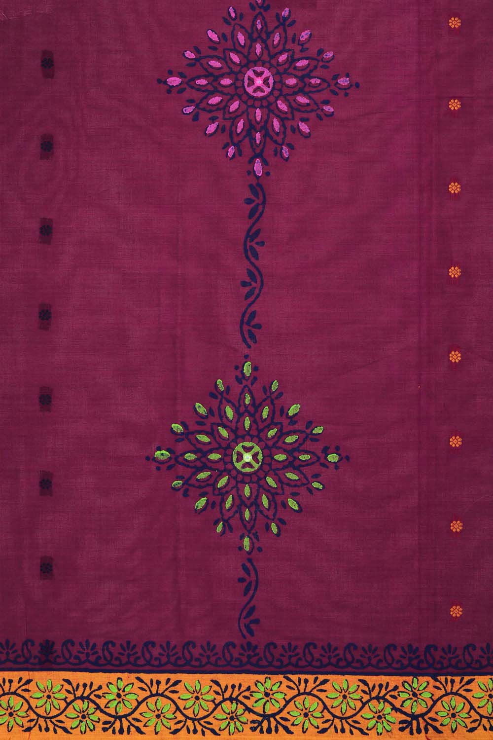 Dark pink floral hand block printed south cotton saree