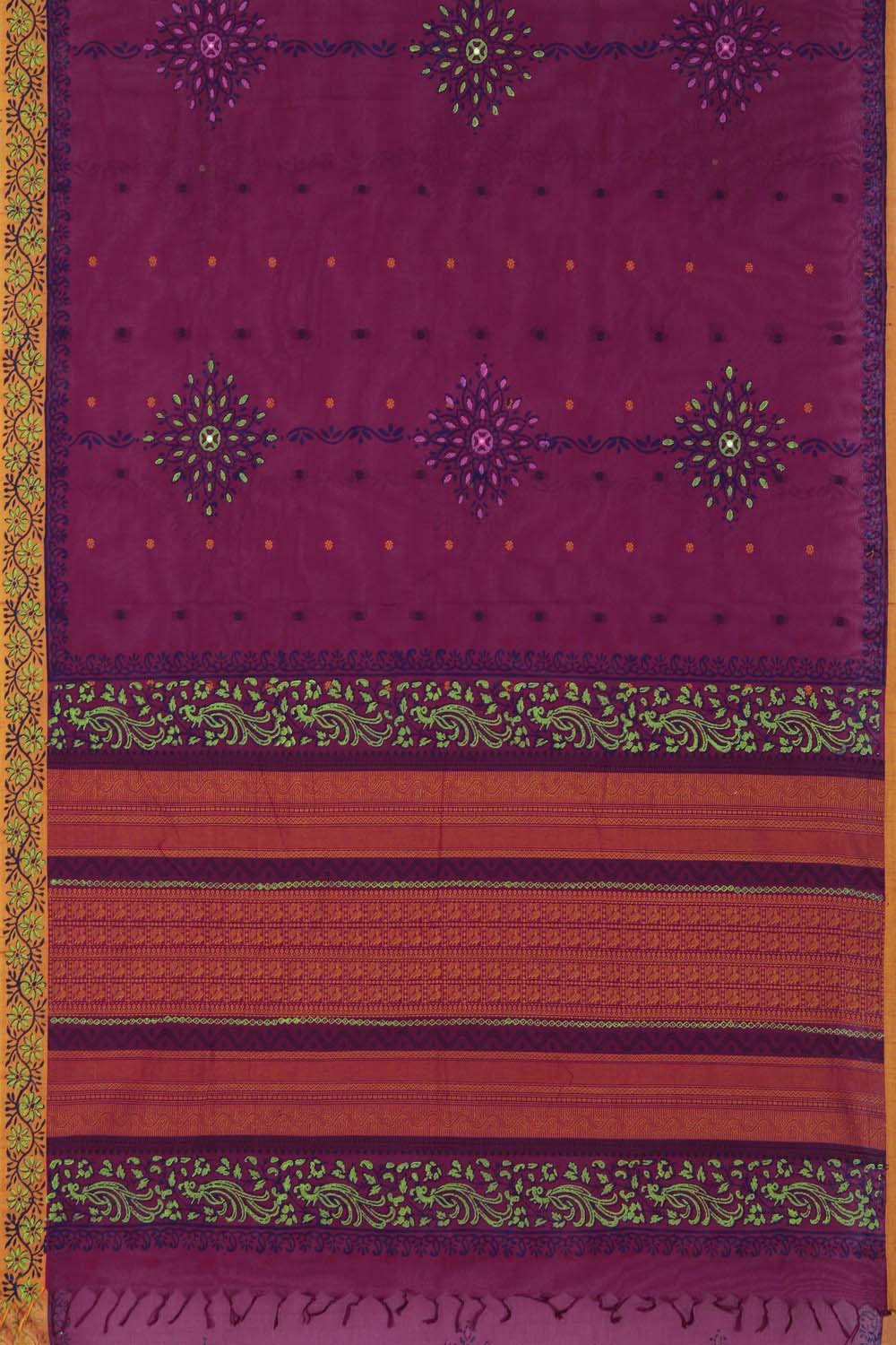 Dark pink floral hand block printed south cotton saree
